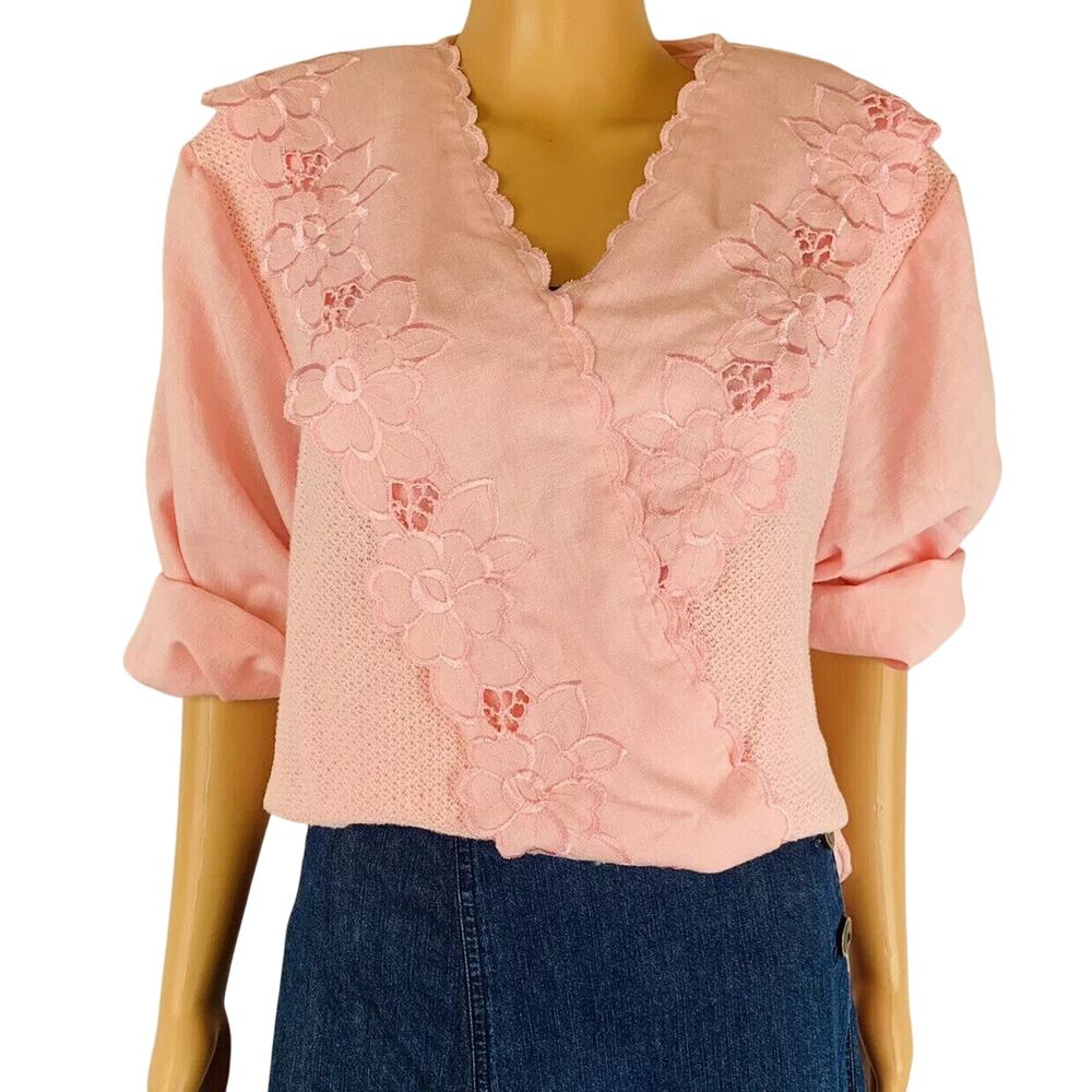 1980s Sunny South Pink Embroidered Cottage Sweater USA Large